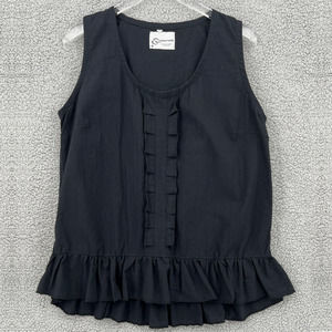 Unique Batik Shirt Womens Large Black Cotton Casual Sleeveless Ruffle Top Ladies